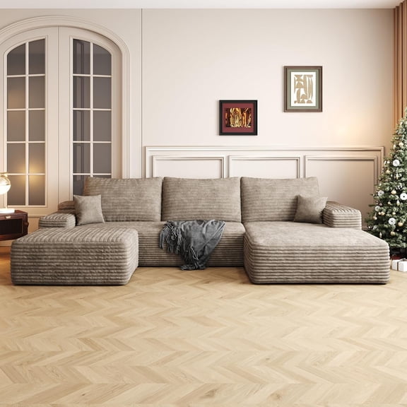 LUCKHAO 108" U-Shaped Sectional Sofa, Corduroy Upholstered Cloud Couch with Deep Seat, Modular Design, No Assembly Required