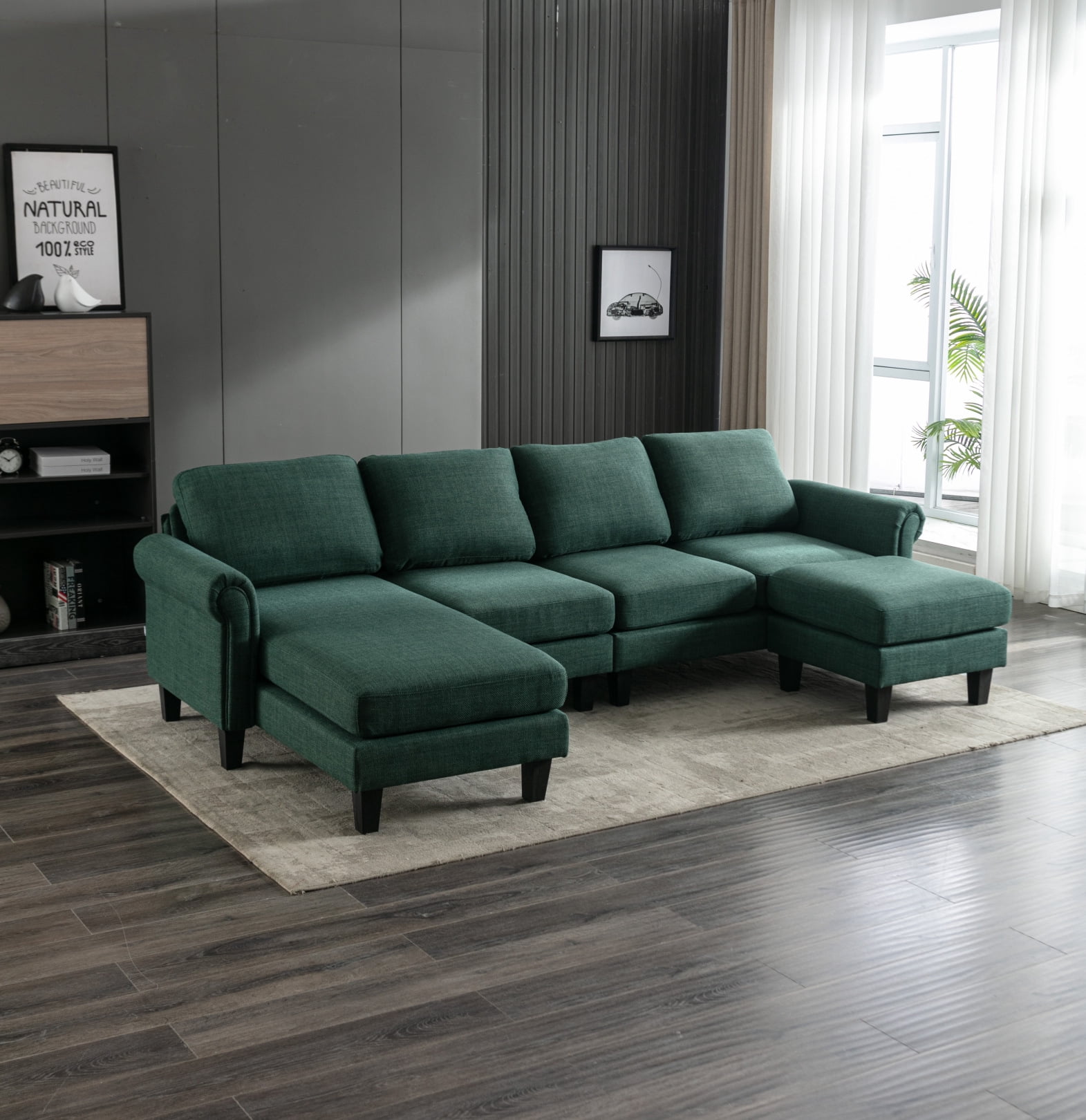 108" U-shaped Sectional Couch, 6-Seat Linen Modular Couch with Chaise ...