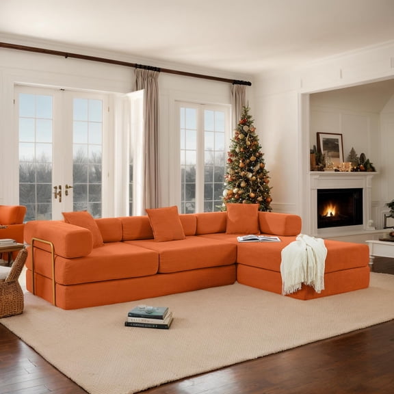 108" W Corduroy Convertible Futon Sofa Bed, Oversized Folding Sofa with Chaise & Pillows, No Assembly Required, Fixed-Shape Frame, Floor Lazy Boneless Couch for Living Room/Apartment