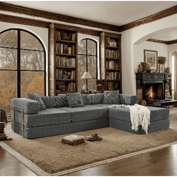 108" W Corduroy Convertible Futon Sofa Bed, Oversized Folding Sofa with Chaise & Pillows, No Assembly Required, Fixed-Shape Frame, Floor Lazy Boneless Couch for Living Room/Apartment