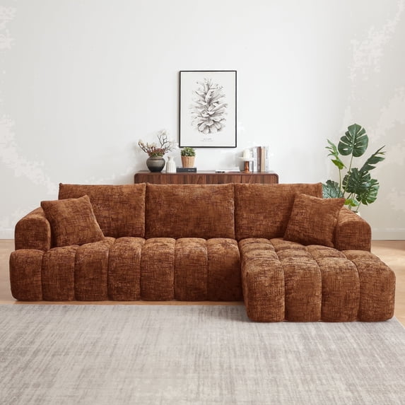 108" W Modular Sectionals Sofa,Cloud Boneless Couch with Chaise,Chenille Tufted Deep Seat L Shaped Couch,Modern Compression Foam Sofa for Living Room Bedroom,No Assembly Required(Right Facing,Orange)