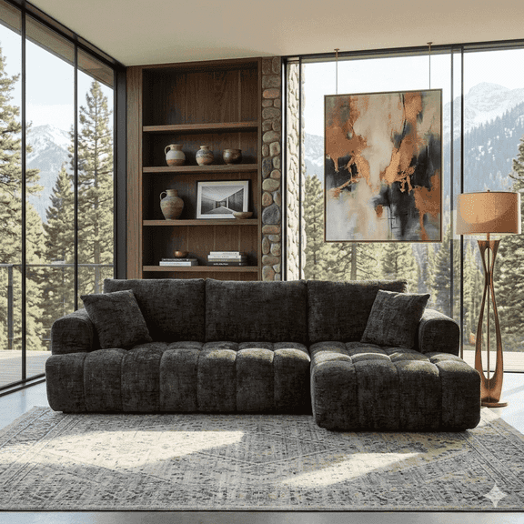 108" W Modular Sectionals Sofa,Cloud Boneless Couch with Chaise,Chenille Tufted Deep Seat L Shaped Couch,Modern Compression Foam Sofa for Living Room Bedroom,No Assembly Required(Right Facing,Brown)