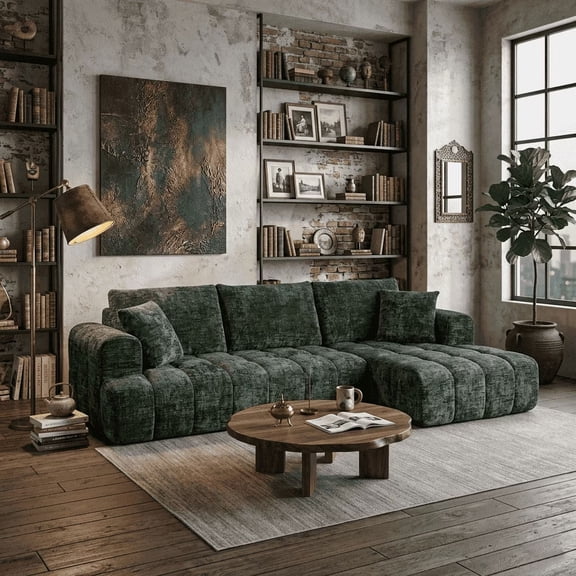 108" W Modular Sectionals Sofa,Cloud Boneless Couch with Chaise,Chenille Tufted Deep Seat L Shaped Couch,Modern Compression Foam Sofa for Living Room Bedroom,No Assembly Required(Right Facing,Green)