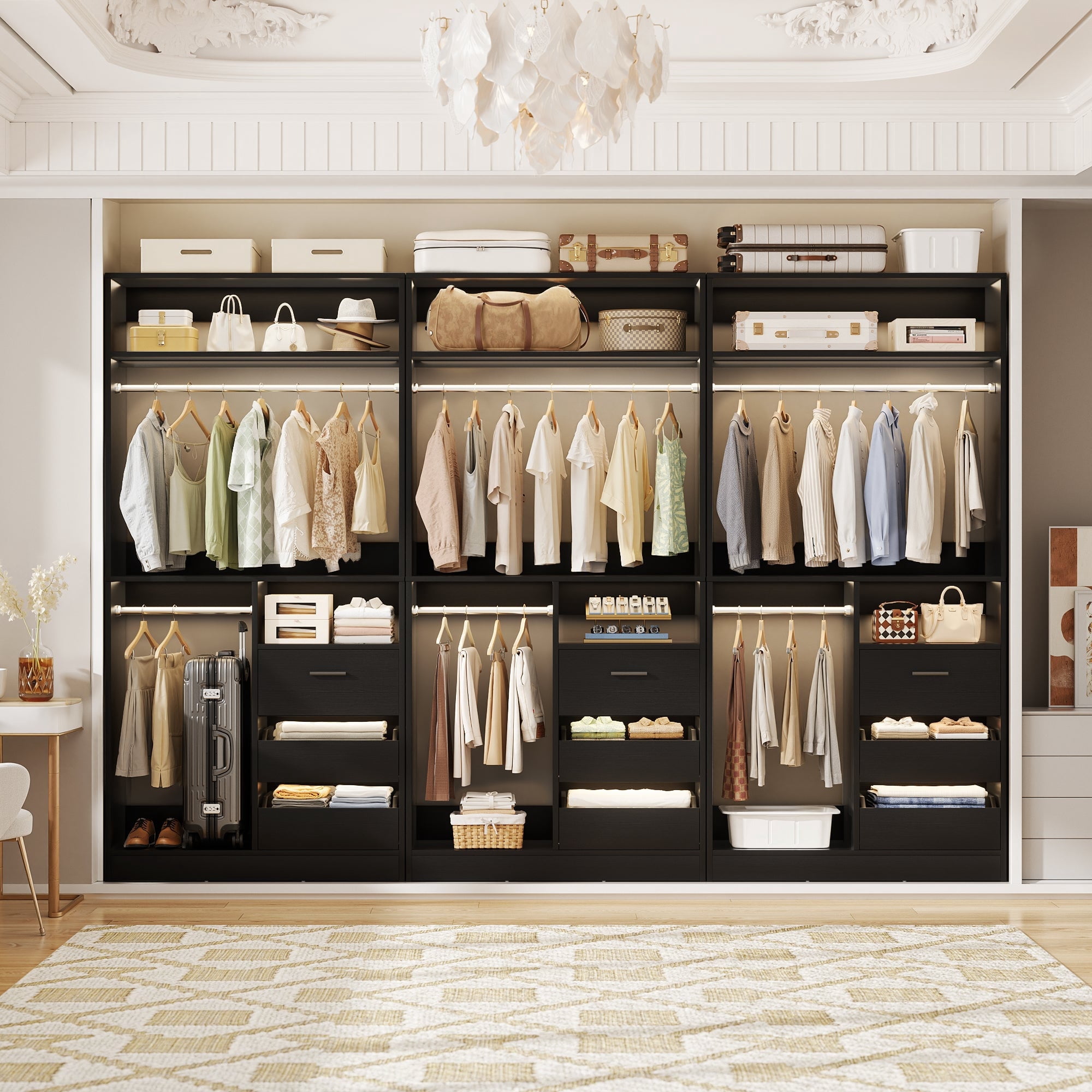 108'' Walk-in Closet System with 9 Drawers, iSunirm 3-Piece Closet