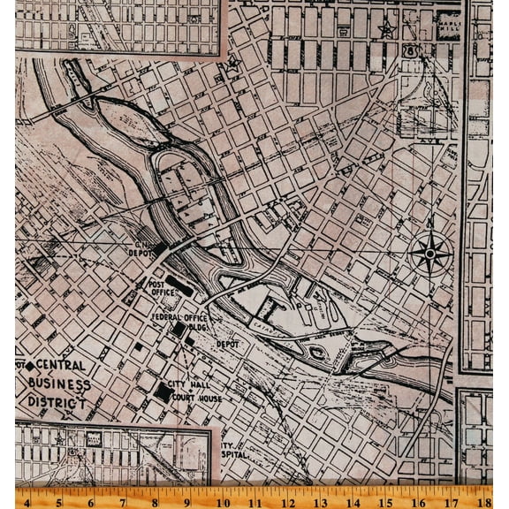 108" Wide Tim Holtz Eclectic Elements Quilt Backing Street Map Streets Words Geography River City Black and Tan on Natural Cotton Fabric Print by the Yard (QBTH008.BLACK)