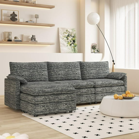 108" XL Modular Sectional Couch, Deep Seat Modern Chenille L Shaped Modular Sofa, Cloud Couch for 4 with Movable Ottoman, Sectional Sofa for Living Room, Apartment