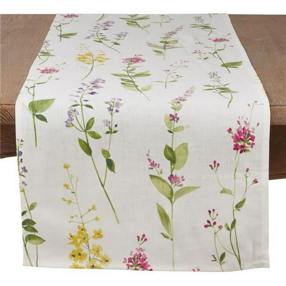 108 in. Watercolor Floral Stems Linen Table Runner, Off-White