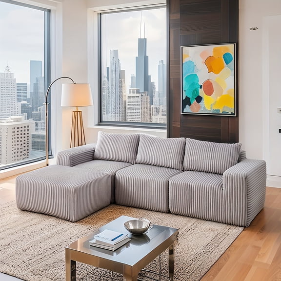 108-inch Modern Modular L-Shaped Cloud Sectional Sofa with Right-Facing Chaise, Deep Seats, Upholstered Corduroy Fabric, No Assembly Required for Living Room, Apartment, Lounge