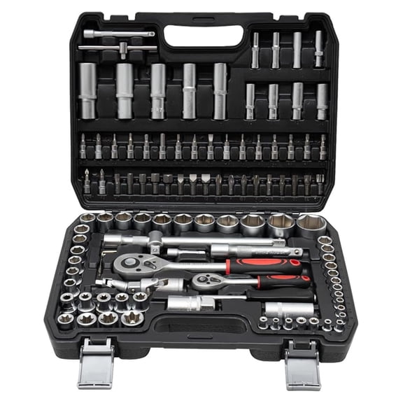 108-piece Mechanics Tool Set with Carrying Case, Metric 1/4 and 1/2 Drive Socket Set, Extension Bars, Sockets, Quick Release Reversible Ratchet Wrench, Fit for Automotive Repair Workers