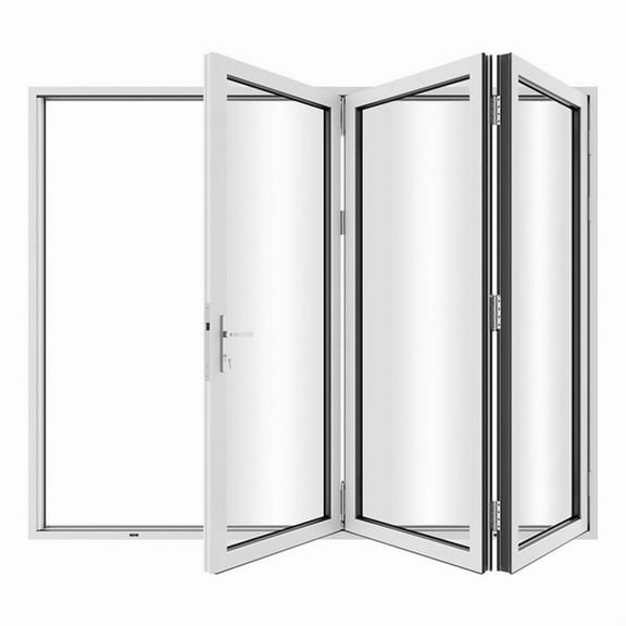 KaMic 108" x 80" 3 Panels Aluminum Folding Door In White, Folded Out From Left To Right
