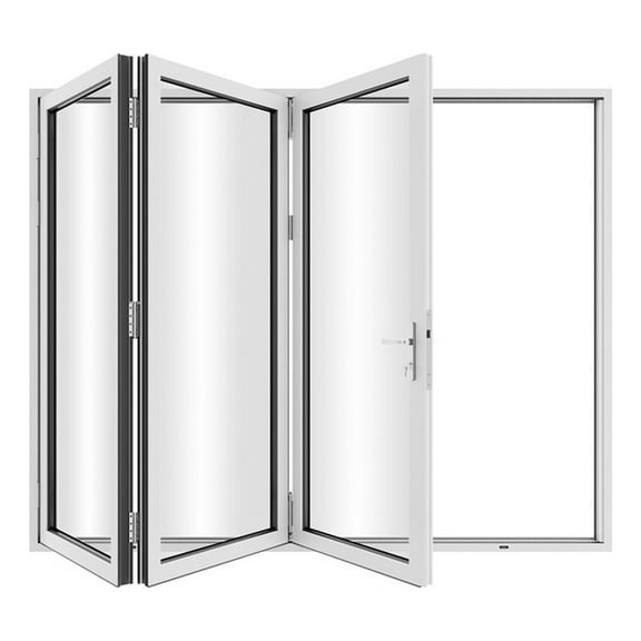 KaMic 108" x 80" 3 Panels Aluminum Folding Door In White, Folded Out From Right To Left