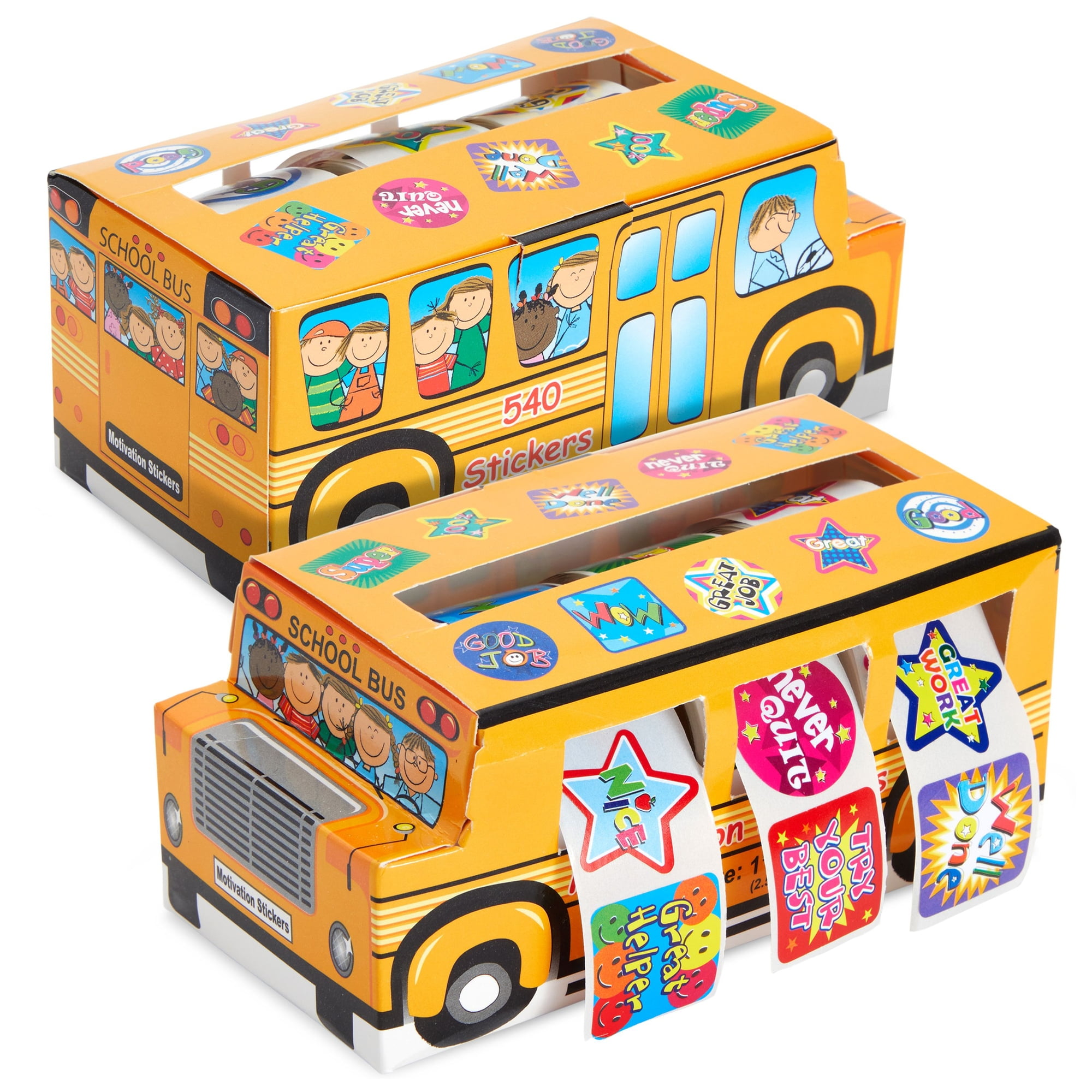 1080 Count Teacher Reward Motivational Stickers, Bulk Rolls for Students, Classroom Necessities, Daycare Supplies with 2 School Bus Dispensers (6 Rolls, 5.7x2.7x 2.5in)