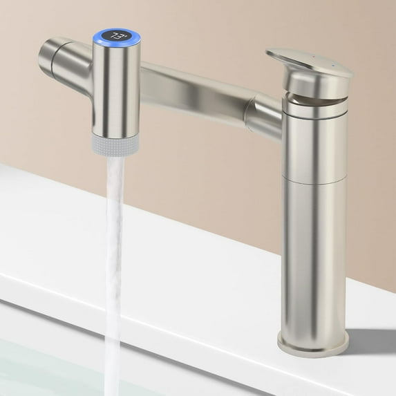 1080°Rotatable Bathroom Vanity Faucet 1 Hole, Height Adjustable Single Handle Sink Faucet Bathroom with 2 Water Outlet Modes, Bar Sink Tap with Temperature Display (Brushed Nickel)