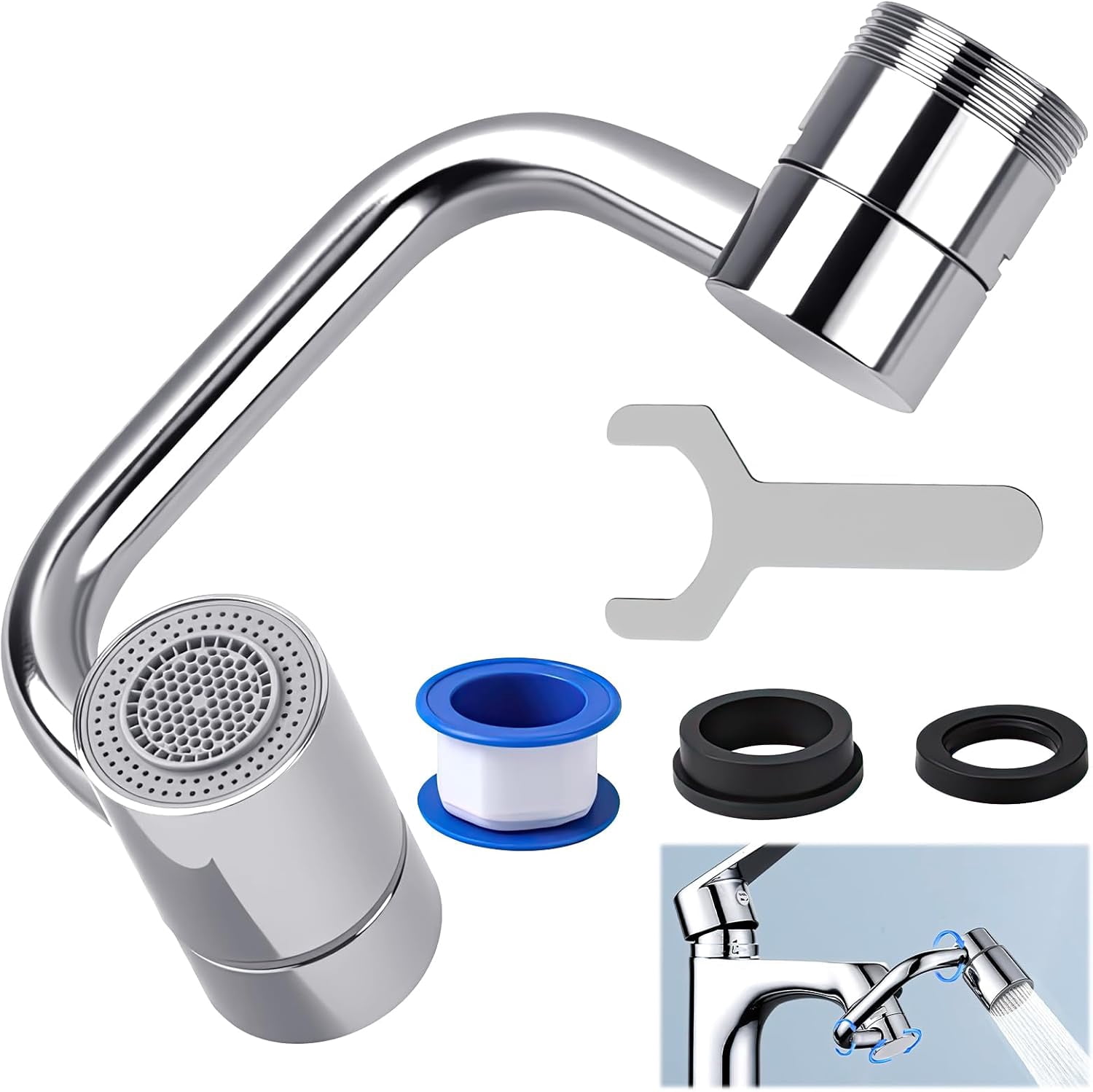 1080° Rotating Faucet Extender for Bathroom Sink, 2 Modes Adjustable U Shaped Rotatable Faucet Aerator Extension with Adjustable Swivel Arm, Fits 22mm /24mm Taps