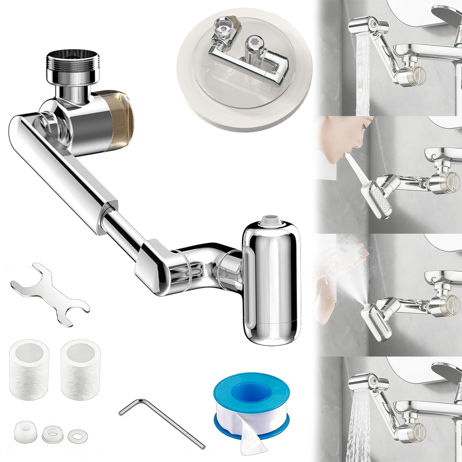 1080° Rotating Faucet Extender with Upward Facial Mist, 4 Water Modes & Built-In Filter, Universal Sink Aerator for Hand, Hair & Face Washing - Brass Robotic Arm for Bathroom & Kitchen