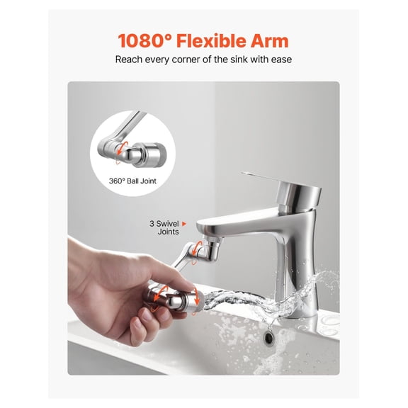 1080 Swivel Faucet Extender, 2 Spray Modes Kitchen Sink Aerator, Rotating Faucet Attachment with Brass Arm, Bathroom Tap Splash Filter for Hand Washing