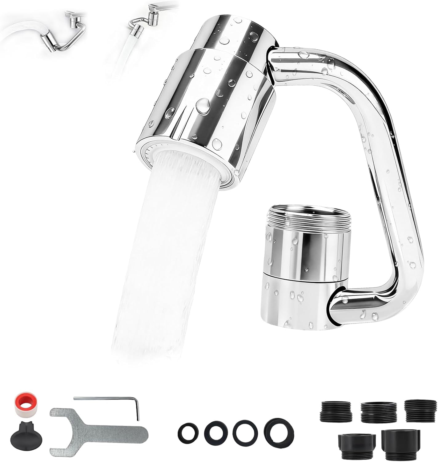 1080° U-Shaped Faucet Extender – Rotatable Faucet Aerator with 3 Adapters & Washers, Multi-Joint Swivel Aerator with 2 Spray Modes for Kitchen & Bathroom Sink, Silver