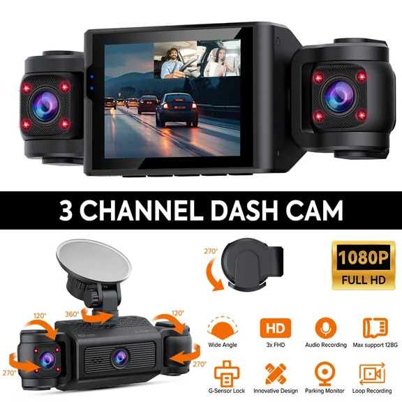 1080P 2.4 inch Dash Cam Front and Inside Triple Dash Cam with 24Hr Parking