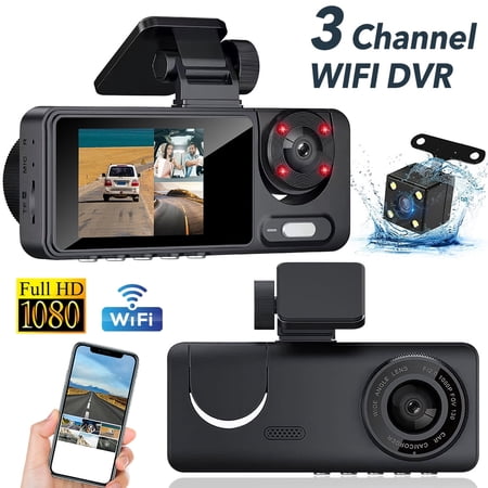 1080P 3 Channel Dash Cam for Cars, Front/Inside/Rear View DVR with Sensor. Super Night Vision (WDR+4 IR LEDs), G-sensor, 24H Parking Mode & Loop Recording. Easy Install for Uber/Taxi/Rideshare
