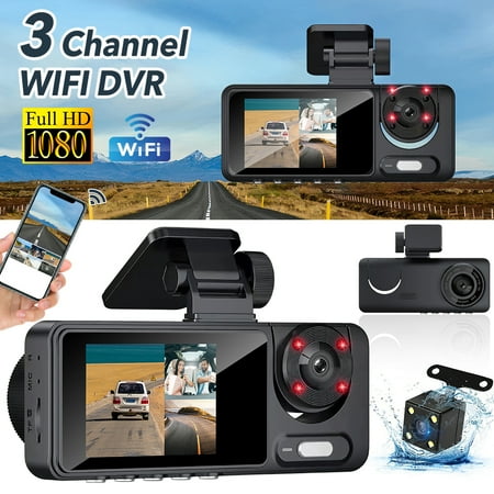 1080P 3 Channel Dash Cam, Front/Inside/Rear View Car Video Recorder. Equipped with WDR, 4 IR LEDs, G-sensor, 24H Parking & Loop Recording. Perfect for Uber, Lyft and Family Daily Use