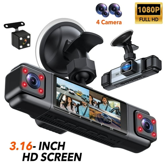 1080P 4 Channel Dash Camera - 360 Front/Rear/Inside View, 3.16 Touch Screen, 24/7 Parking Mode, Night Vision, Adjustable Bracket, G-Sensor for Daily/Commercial Use