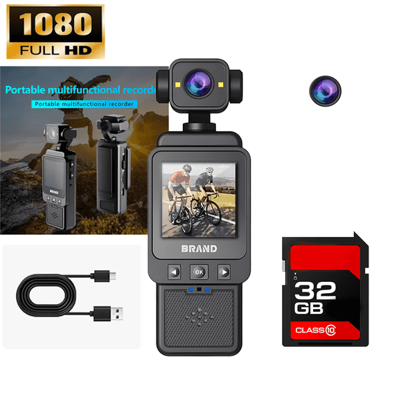 1080P/4K Compact Action Camera - 360° Rotating Lens, 16MP Sensor, 24x Zoom, EIS Stabilization, Voice Control & Remote - 150g Wearable for Vlogging/Action Photography/Security