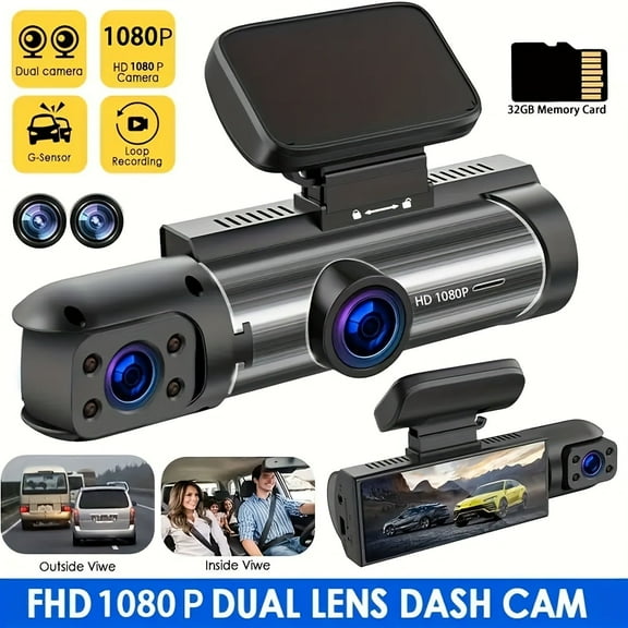 1080P Car Dash Cam, Dual Lens Front & Interior Camera, Loop Recording, High Dynamic Range, G-Sensor, No Battery Included