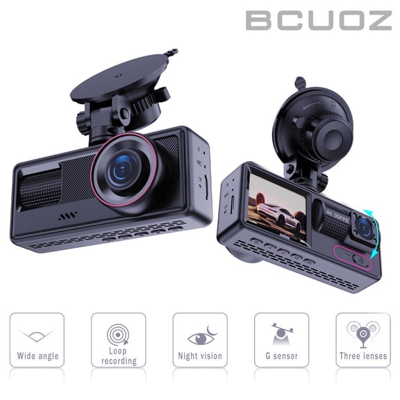 1080P Dash Cam with Loop Recording, 3 Lenses, Parking Monitor, Night Vision