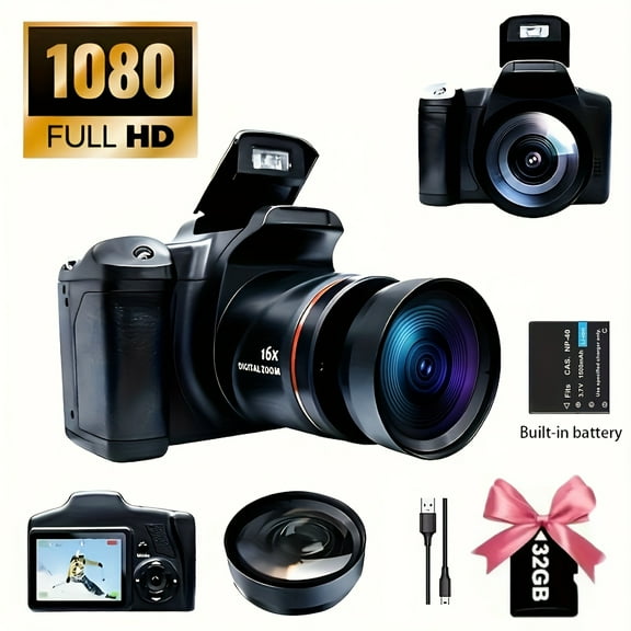 1080P Digital Camera, 2.4-Inch LCD Screen 16X Zoom 9.88Mm Wide-Angle Lens, Ideal for Vlogging, Portable Travel Essential, Perfect Gift
