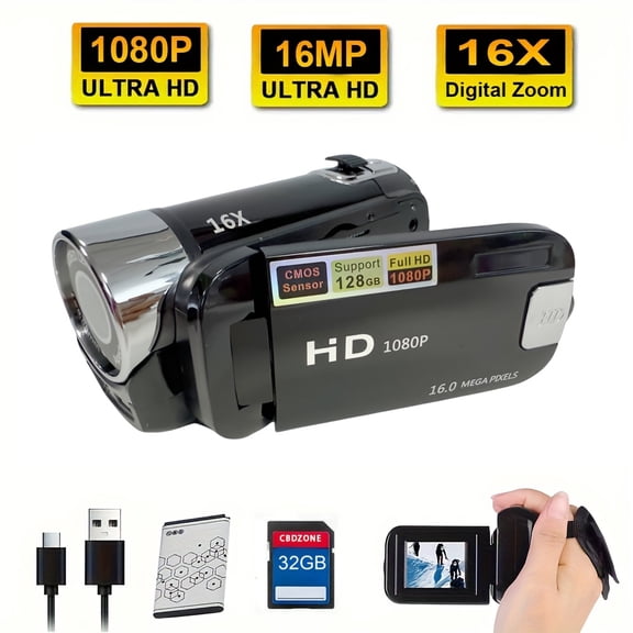 1080P Digital Camera Camcorder, Portable HD Video Camera with 270° Flip Screen & 32GB Card