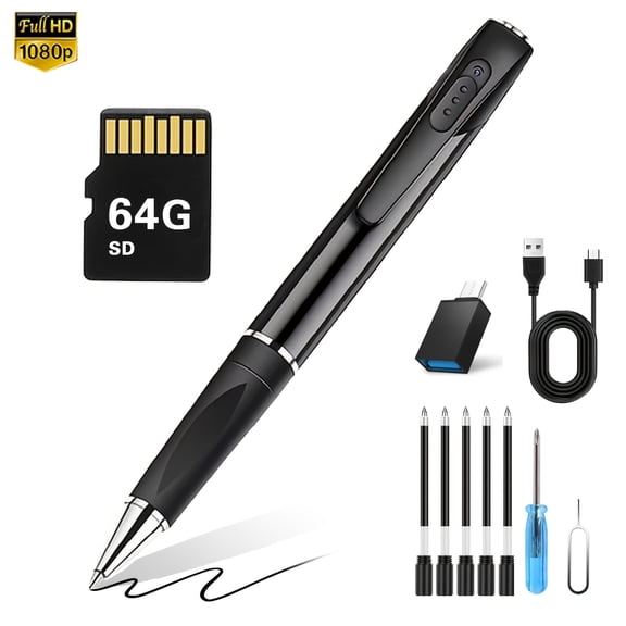 1080P Digital Recording Pen with 32GB MP3 Player, Touch Screen, Rechargeable Battery, Card Slot & 64GB Card for Indoor/Outdoor Use