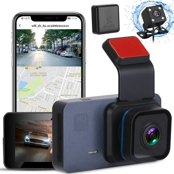 1080P Dual Lens Dash Cam, TeqHome Universal Vehicle Driving Recorder, Car DVR with WiFi GPS G-Sensor APP Control Motion Detection Parking Monitor Night Vision