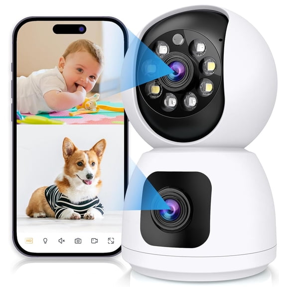 1080P Dual Lens Indoor Security Camera, Indoor Camera for Home Security, Baby/Pet Camera Indoor with Night Vision, Motion Detection, Two-Way Audio, Siren