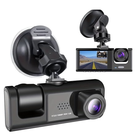 1080P Dual Surveillance Camera for Cars - Front View and Inside View with IR Night Vision, Screen and Loop Recording Function Car Recorder 1080P Large Wide Angle Triple Lens Car Recorder