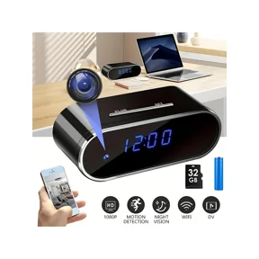 1080P FHD Clock Camera with Motion Detection, Wi-Fi Remote View, Audio Video Recording, 32GB SD Card, Indoor Smart Home Security Camera for Office Warehouse