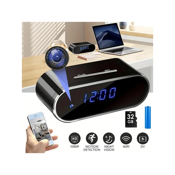 1080P FHD Clock Camera with Motion Detection, Wi-Fi Remote View, Audio Video Recording, 32GB SD Card, Indoor Smart Home Security Camera for Office Warehouse