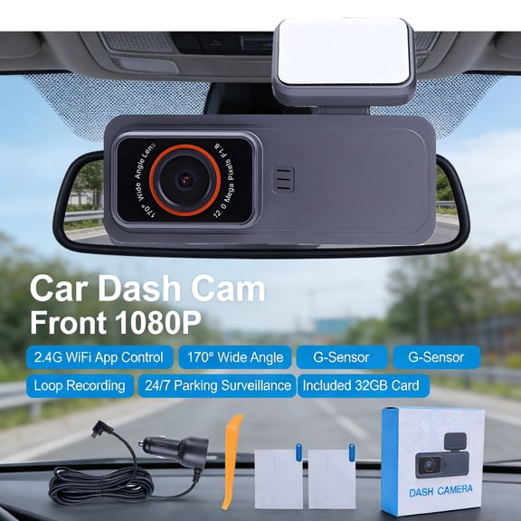 1080P Front Dash Cam 1.47in IPS Screen with 2.4G WiFi App Control 170° Wide Angle G-Sensor Loop Recording 24/7 Parking Surveillance Included 32GB Card