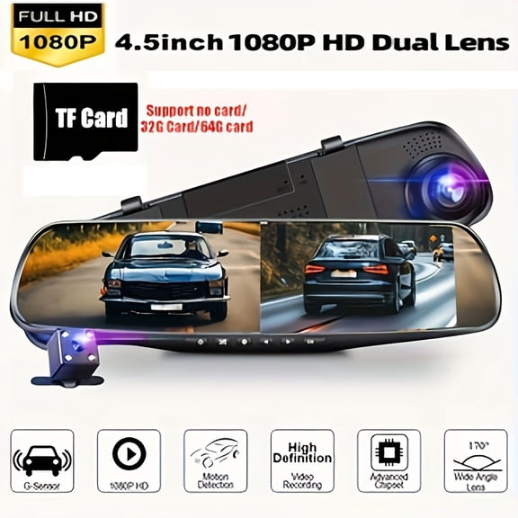 1080P Full HD Dual Lens Car Camera, Front & Rear Interior with Night Vision, 24H Parking Mode, WDR, G-Sensor, Motion Detection, Magnetic Mount, Smartphone Compatible