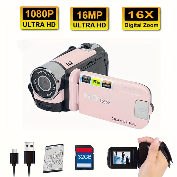 1080P HD Camcorder | 16x Zoom & 270° Flip Screen | 32GB Card Included | Wide-Angle Lens | Portable for Travel/Vlogging | USB Charging