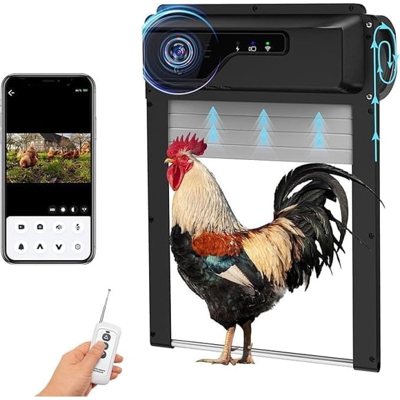 Solar Automatic Chicken Coop Door with 1080P HD Camera, WiFi APP Remote Control, 5000mAh Rechargeable Battery, Night Vision, Timer, Anti-Pinch Sensor & Alarm Protection