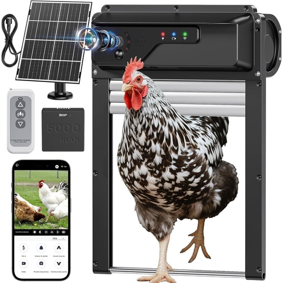Solar Automatic Chicken Coop Door with 1080P HD Camera, WiFi APP Remote Control, 5000mAh Rechargeable Battery, Night Vision, Timer, Anti-Pinch Sensor & Alarm Protection