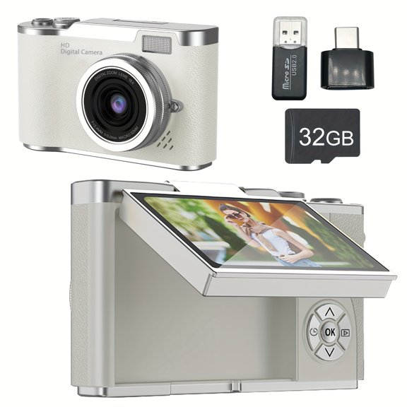 1080P HD Digital Camera for Vlogging with 2.4" LCD Screen, Rechargeable Compact Camera with 32GB Card, Photo & Video Recording, Webcam Function, Beginner Friendly Gift Camera