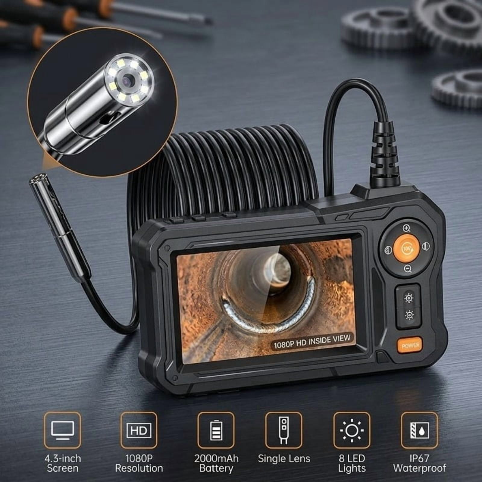 IP67 Waterproof Endoscope Camera with 4.3" LCD & 6 LED Lights for Automotive, Pipe, Wall Inspection
