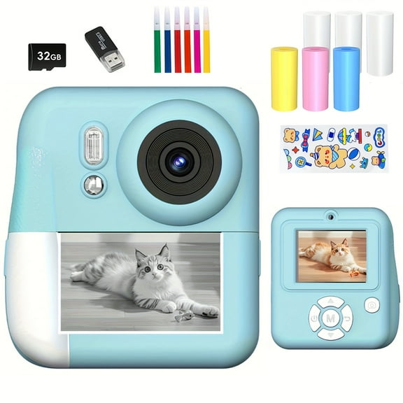 1080P HD Instant Print Camera with Dual LCD Screens - Portable Instant Photo Printer Includes 32GB Card, Card Reader, Multiple Rolls, Color Pens & Lanyard - USB Rechargeable Lithium
