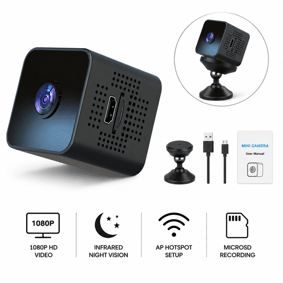 1080P HD Mini Wireless Security Camera, Indoor Monitor with IR Night Vision & MicroSD Recording