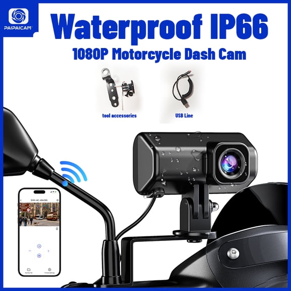 1080P HD Motorcycle Dash Cam DM01, IP66 Waterproof WiFi Motorcycle Camera with Night Vision, Loop Recording, 64G Card & 3 Mount Brackets