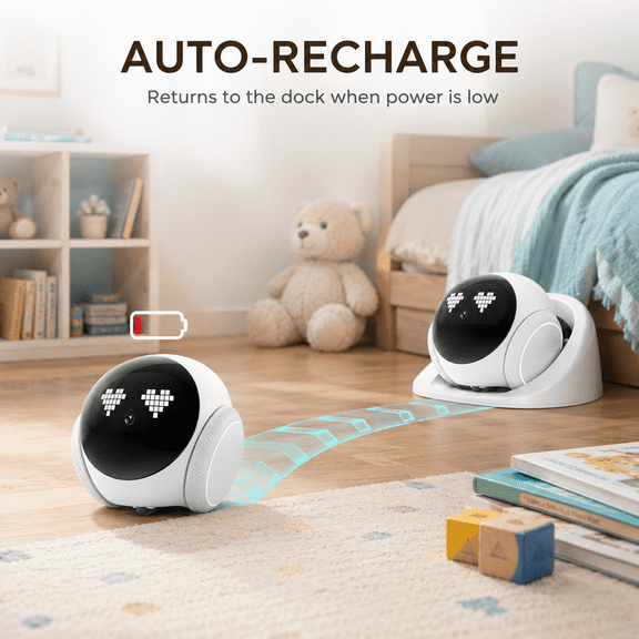 1080P HD Smart Mobile Home Camera Robot, Indoor Kids Monitoring Camera with Auto Patrol, Auto Recharge, Night Vision, Two-Way Audio, App Control & Local Storage