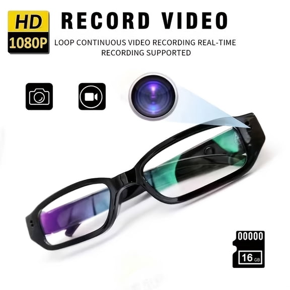 1080P HD Video Recording Glasses with 32GB Card, Motion Detection, Auto-Focus, Anti-Shake, USB Power, Continuous Recording, Computer Compatible