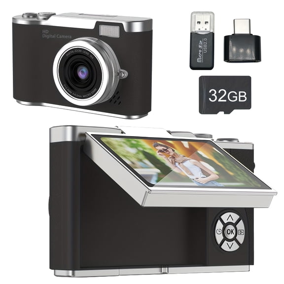 1080P HD Vlogging Digital Camera with 2.4-Inch LCD Screen, Rechargeable, 32GB Card Included, Ideal for Beginners, Photos, Videos & Webcam