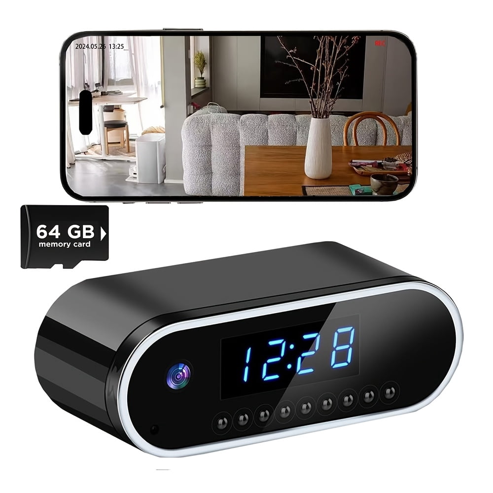 1080P HD WiFi Alarm Clock Camera with Motion Detection, Night Vision, Two-Way Audio, 64GB Storage, Battery/USB Powered for Baby/Pet Monitor & Indoor Security
